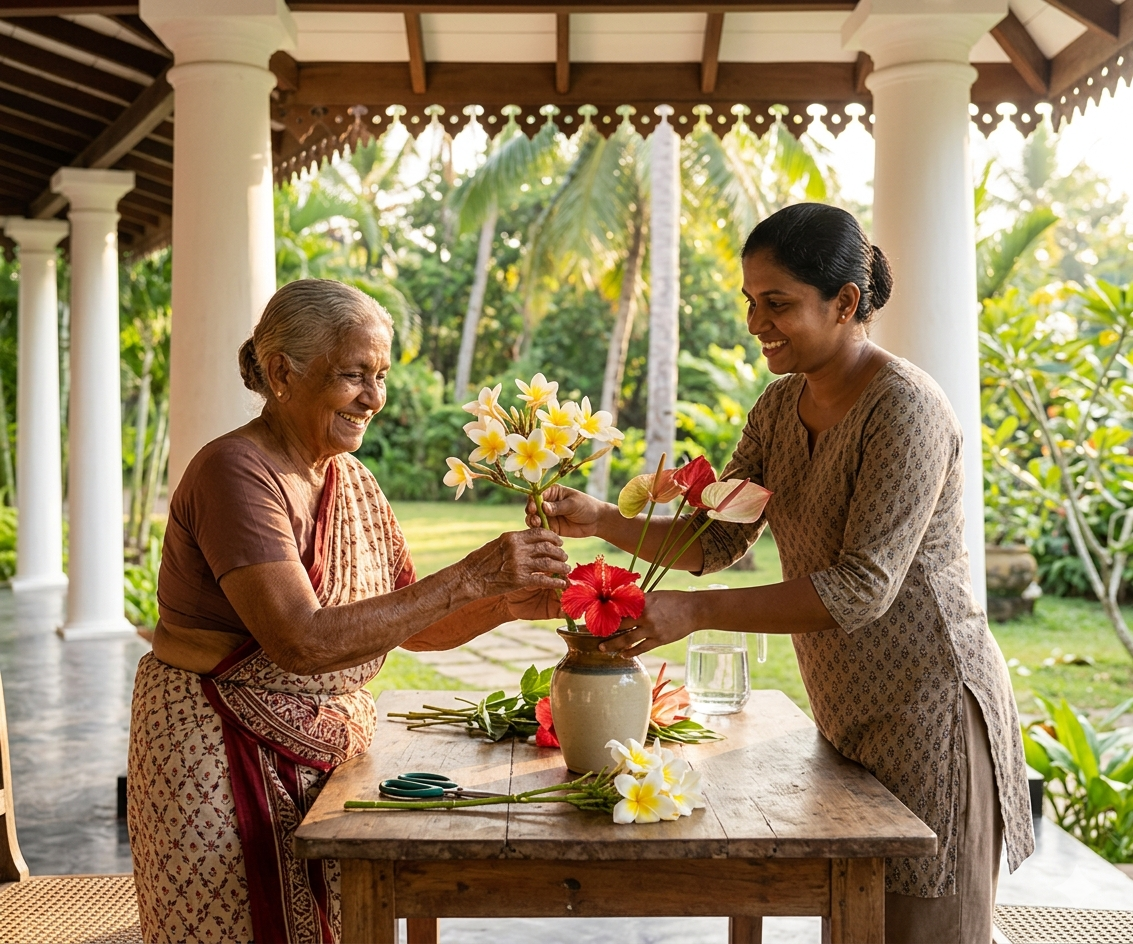 Nurse assisting elderly woman in garden